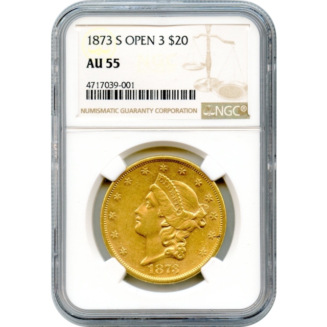 1873-S $20 Liberty Head Double Eagle, Open 3 NGC AU55
