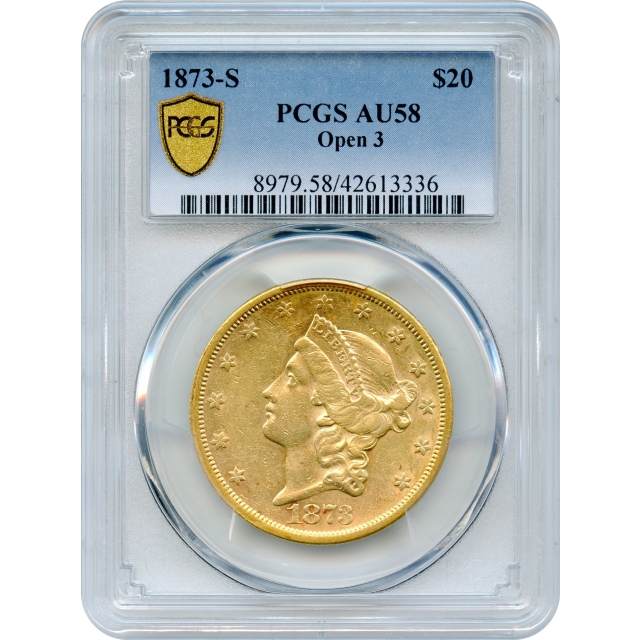 1873-S $20 Liberty Head Double Eagle, Open 3 PCGS AU58