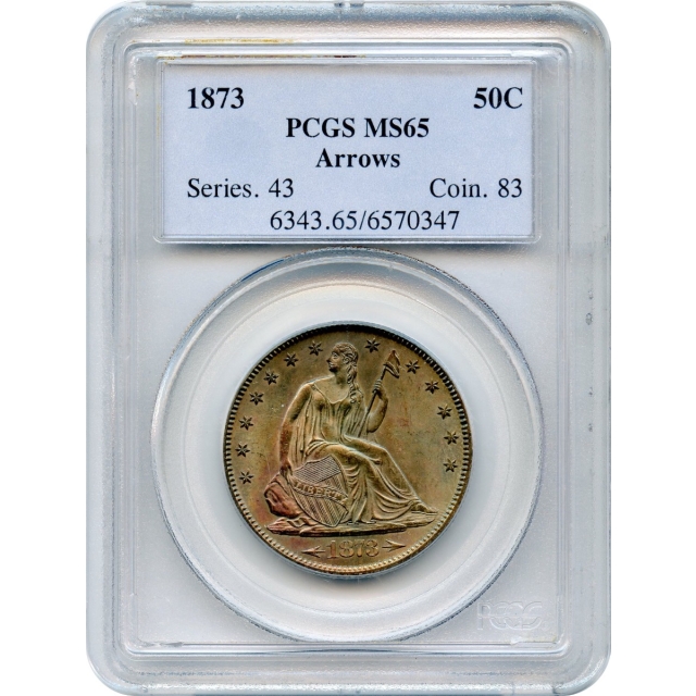 1873 50C Liberty Seated Half Dollar, Arrows PCGS MS65