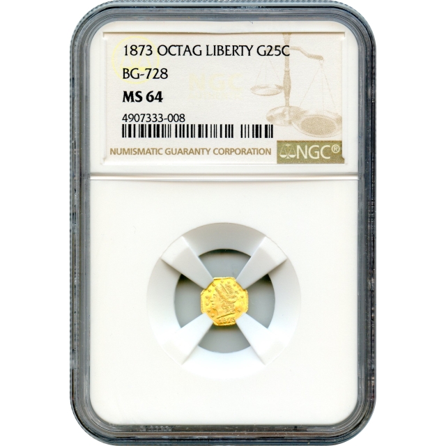 BG- 728, 1873 California Fractional Gold 25C, Liberty Octagonal NGC MS64 R3