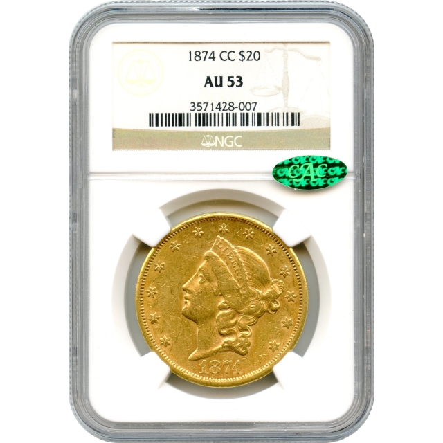 1874-CC $20 Liberty Head Double Eagle NGC AU53 (CAC)