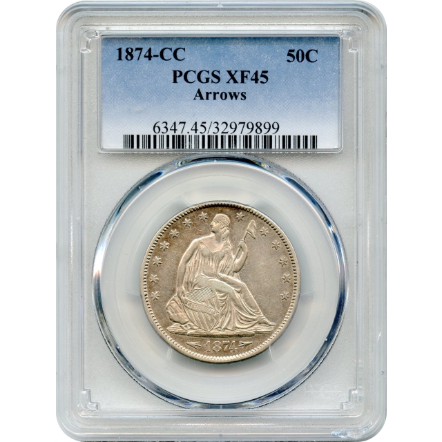 1874-CC 50C Liberty Seated Half Dollar, Arrows at Date PCGS XF45