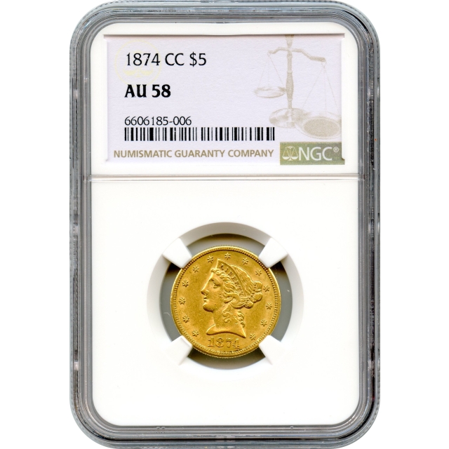 1874-CC $5 Liberty Head Half Eagle NGC AU58