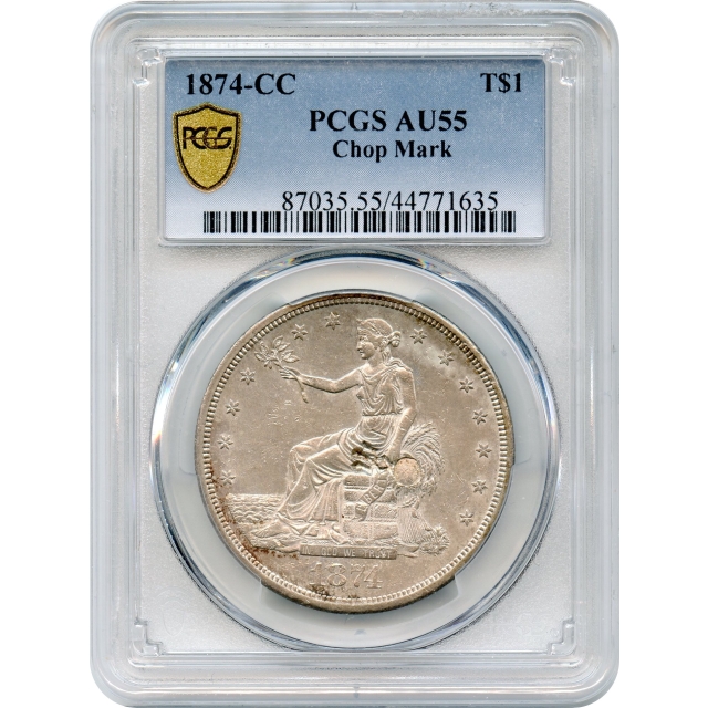 1874-CC $1 Trade Silver Dollar with Chop Mark PCGS AU55