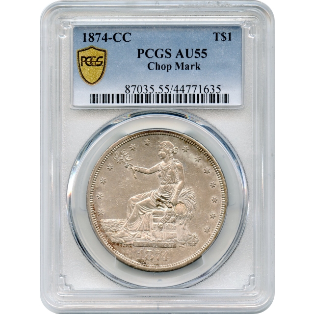 1874-CC $1 Trade Silver Dollar with Chop Mark PCGS AU55