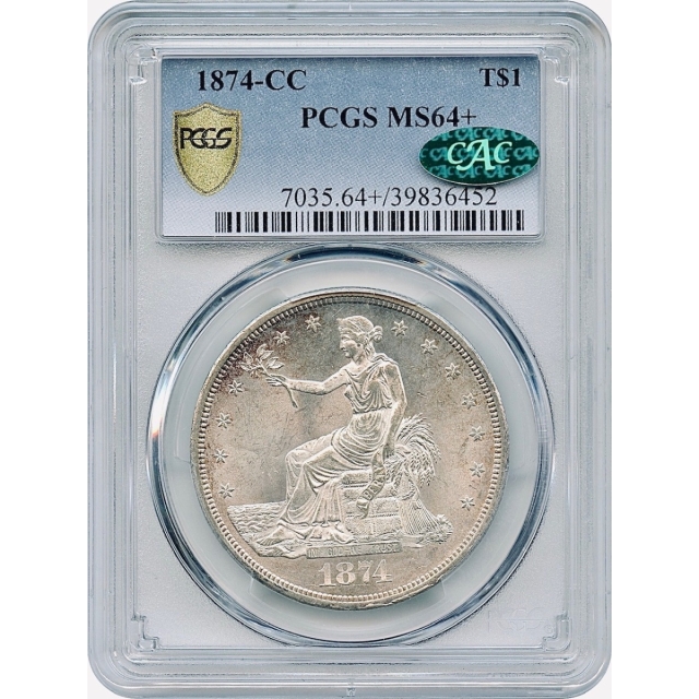 1874-CC $1 Trade Silver Dollar PCGS MS64+ (CAC)