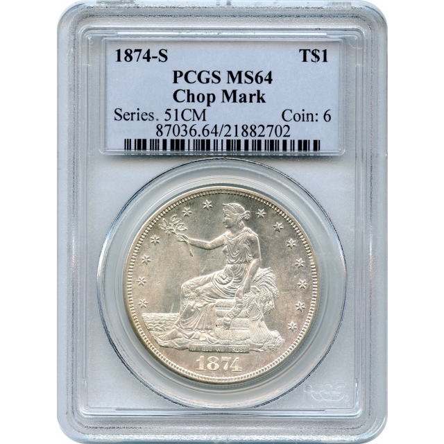 1874-S $1 Trade Silver Dollar with Chop Mark PCGS MS64