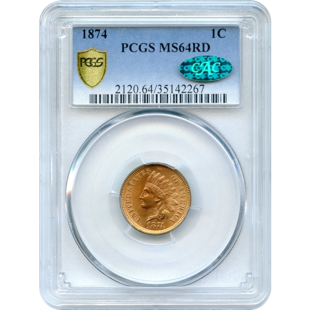 1874 1C Indian Head Cent PCGS MS64RD (CAC)