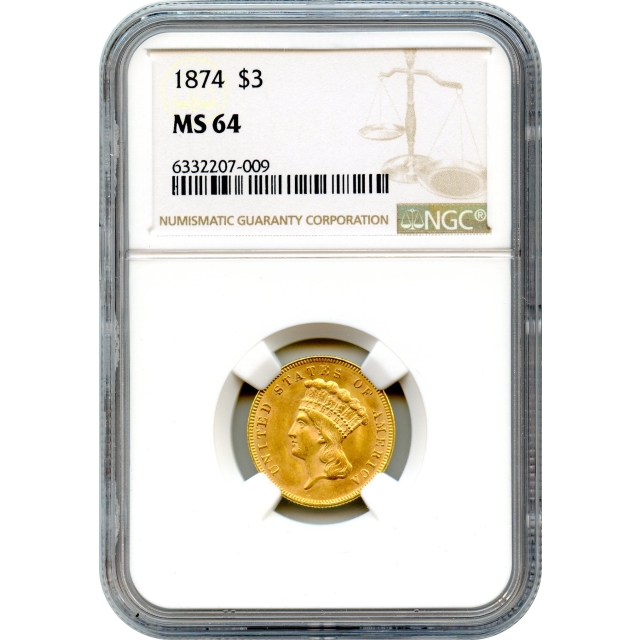 1874 $3 Indian Princess Three Dollar NGC MS64