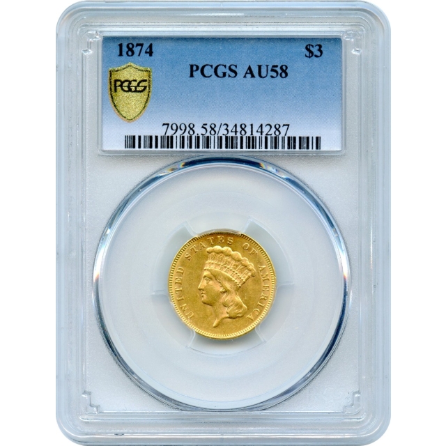 1874 $3 Indian Princess Three Dollar PCGS AU58
