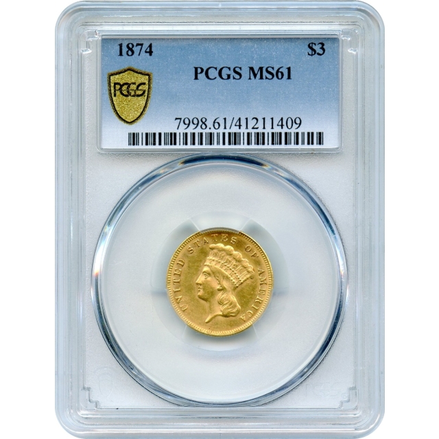 1874 $3 Indian Princess Three Dollar PCGS MS61