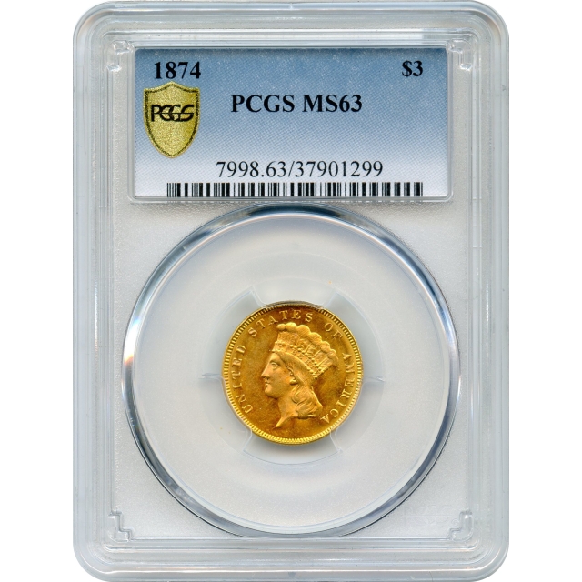 1874 $3 Indian Princess Three Dollar PCGS MS63 - Color!