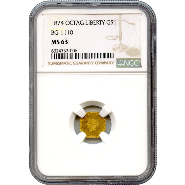 BG-1110, 1874 California Fractional Gold $1, Liberty Octagonal NGC MS63 R7+