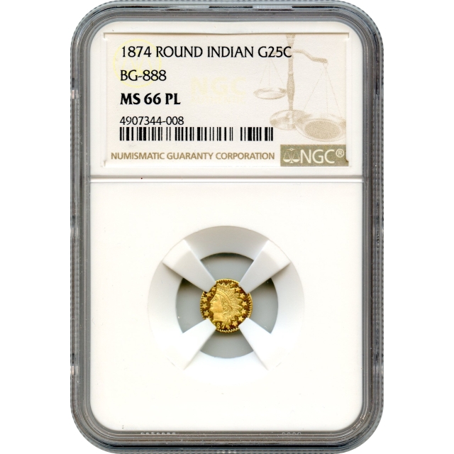 BG- 888, 1874 California Fractional Gold 25C, Indian Round NGC MS66 PL R5+ - Tied Finest