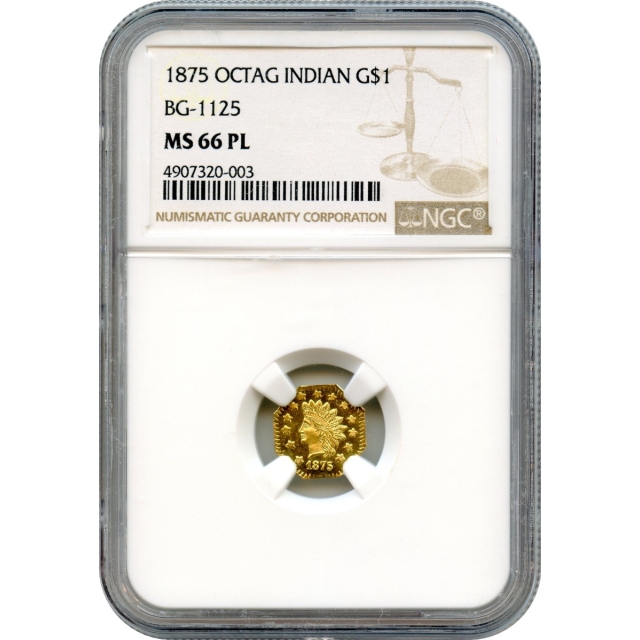 BG-1125, 1875 California Fractional Gold $1, Indian Octagonal NGC MS66 Prooflike R5 - Tied Finest PL!