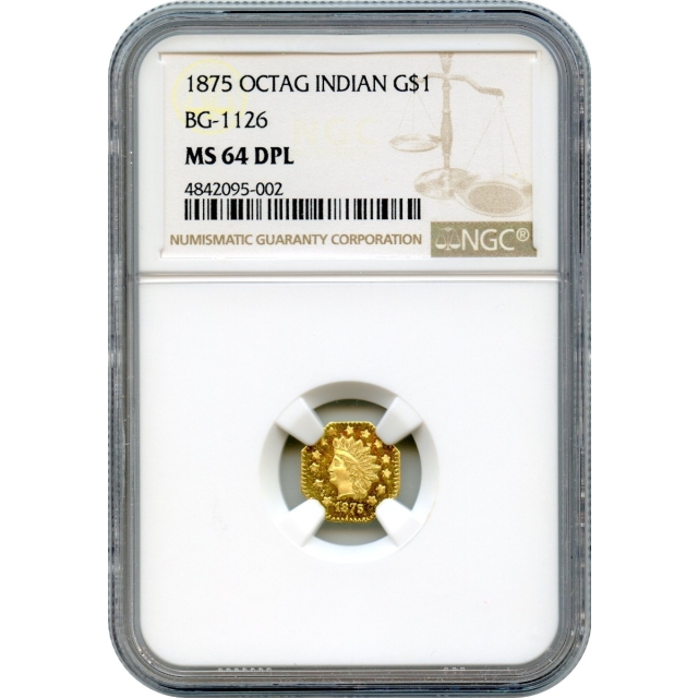 BG-1126, 1875 California Fractional Gold $1, Indian Octagonal NGC MS64DPL R5