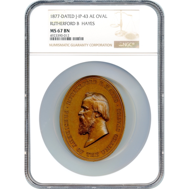 Indian Peace Medal - 1877 Rutherford B. Hayes,  J-IP-43 AE Oval NGC MS67 - Tied for Finest-!