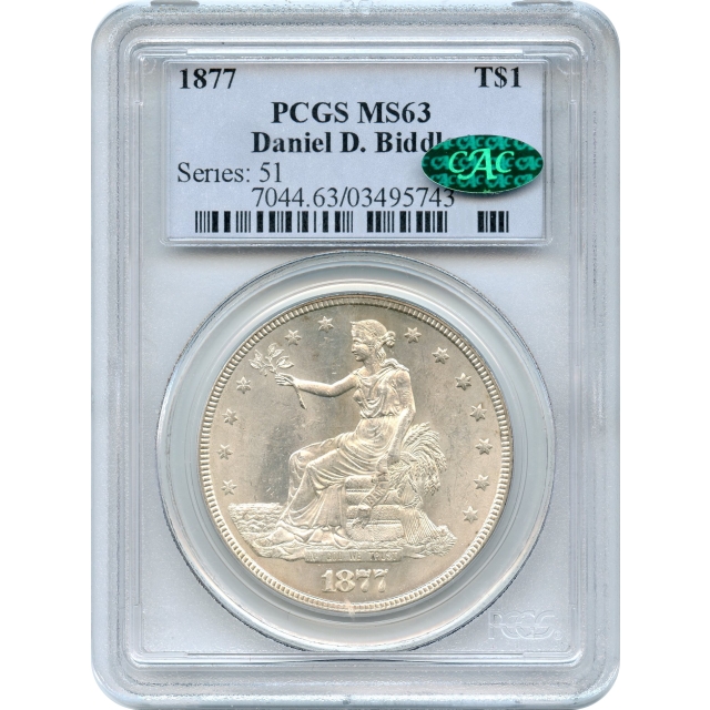 1877 T$1 Trade Silver Dollar, PCGS MS63 (CAC), Ex. Biddle Collection