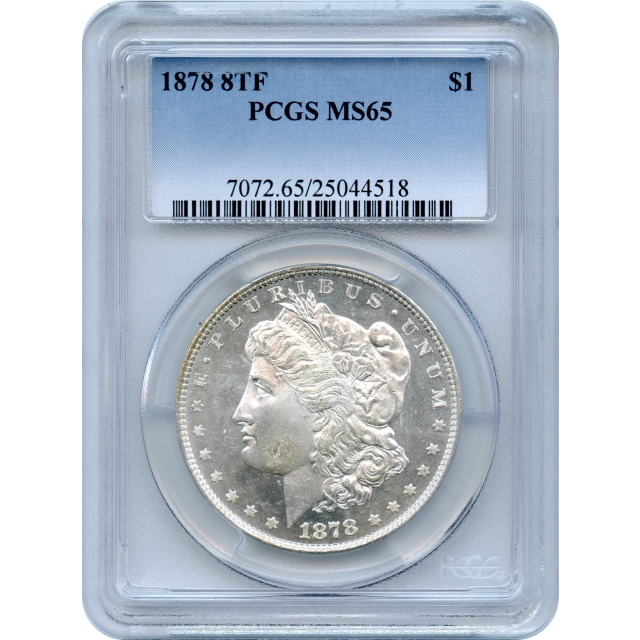 1878 $1 Morgan Silver Dollar, 8 Tailfeathers PCGS MS65