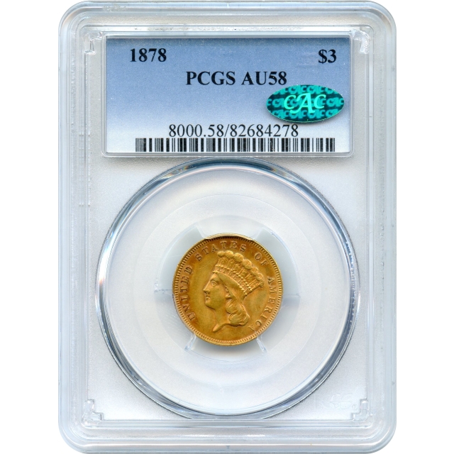1878 $3 Indian Princess Three Dollars, PCGS AU58 (CAC)