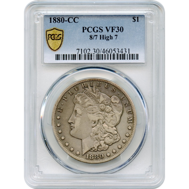 1880-CC $1 Morgan Silver Dollar, 8/High 7 PCGS VF30