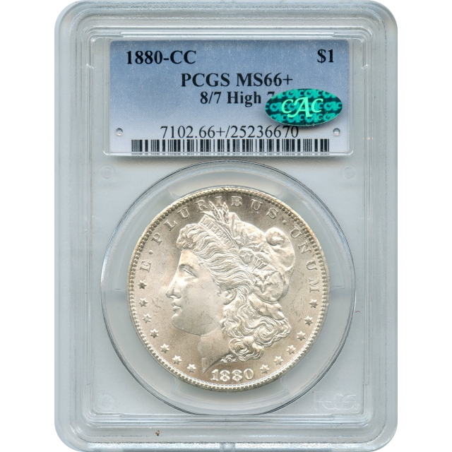 1880-CC $1 Morgan Silver Dollar, 8 over High 7 PCGS MS66+ (CAC)