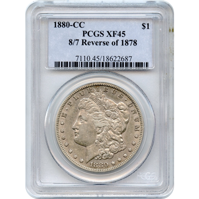 1880-CC $1 Morgan Silver Dollar, 8/7 Reverse of 78 PCGS XF45
