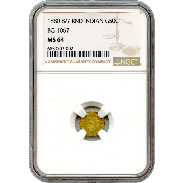 BG-1067 1880 8/7 California Fractional Gold 50C, Indian Round NGC MS64 R4