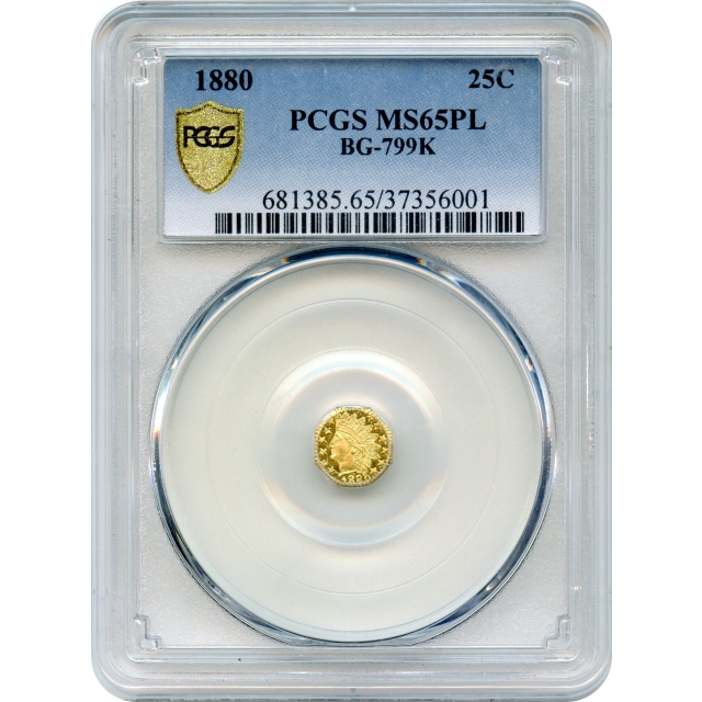 BG- 799K, 1880 California Fractional Gold 25C, Indian Octagonal PCGS MS65 Prooflike R6