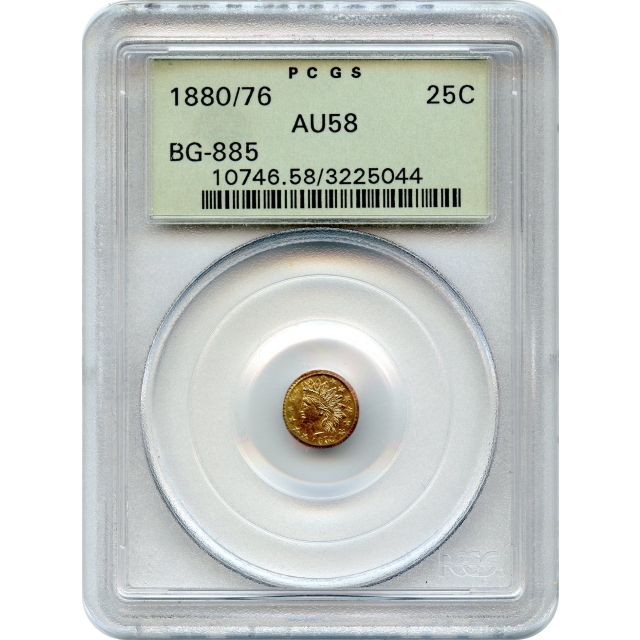 BG- 885, 1880/76 California Fractional Gold 25C, Indian Round PCGS AU58