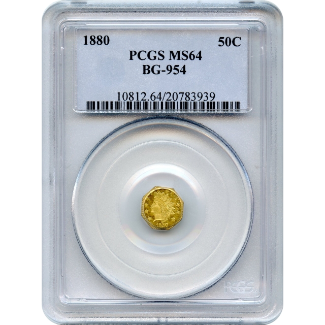 BG- 954, 1880 California Fractional Gold 50C, Indian Octagonal PCGS MS64 R4-