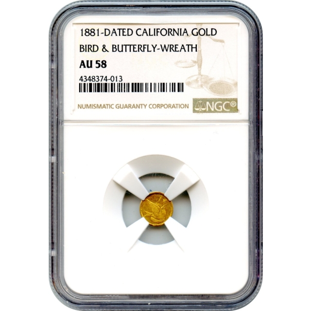 Token - 1881-Dated California Bird & Butterfly Gold Charm NGC AU58