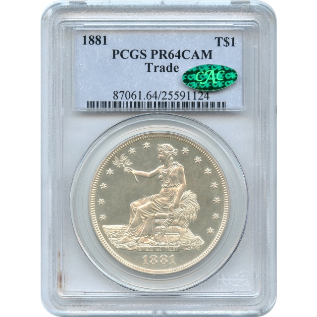 1881 $1 Trade Silver Dollar PCGS PR64CAM (CAC)