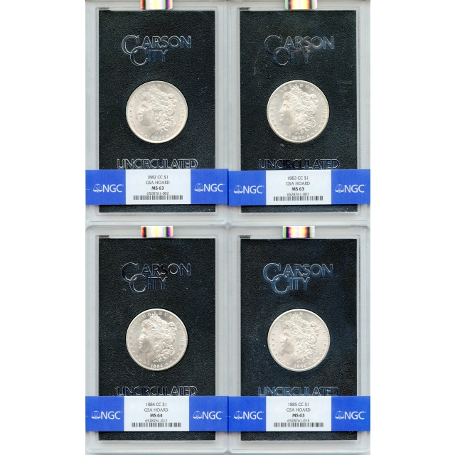 1882-CC, 1883-CC, 1884-CC & 1885-CC $1 Morgan Silver Dollar 4pc Set NGC MS63 Ex. GSA Hoard