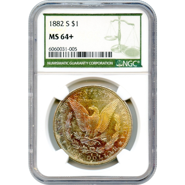 1882-S $1 Morgan Silver Dollar NGC MS64+ - obv rainbow toning