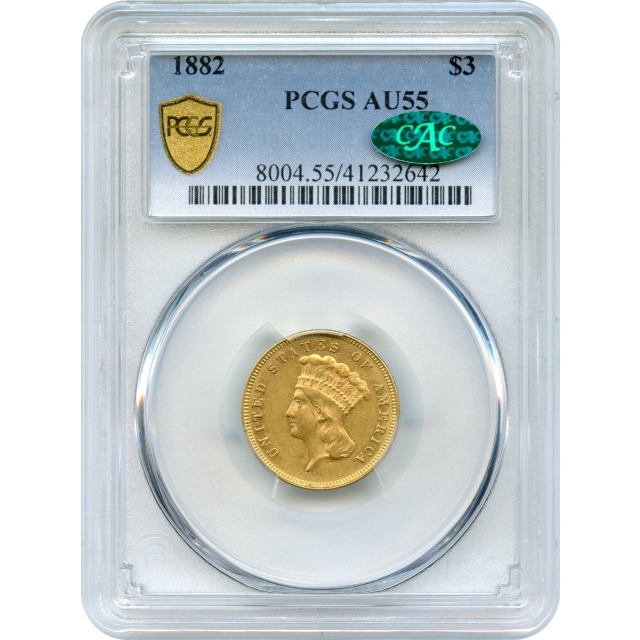 1882 $3 Indian Princess Three Dollar PCGS AU55 (CAC)