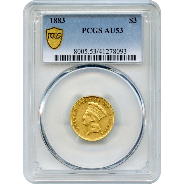 1883 $3 Indian Princess Three Dollar PCGS AU53 - mintage only 900!