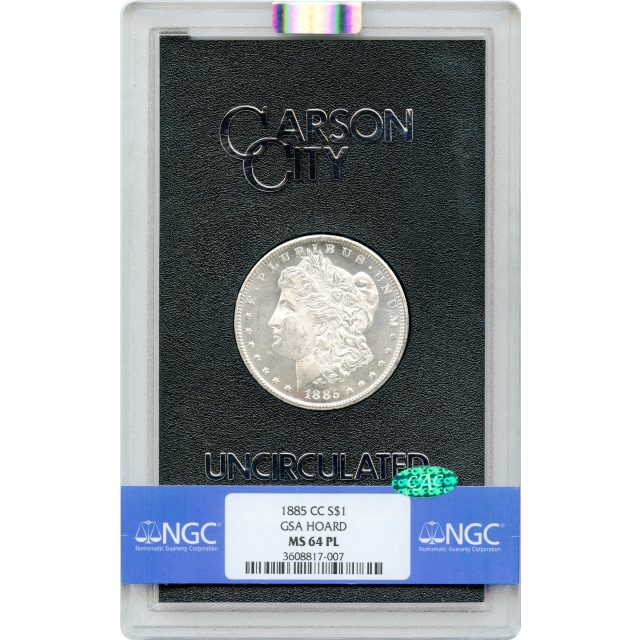 1885-CC $1 Morgan Silver Dollar NGC MS64PL (CAC) Ex. GSA Hoard, box & COA included