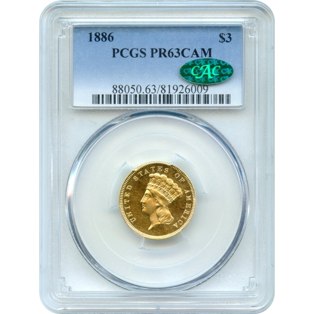 1886 $3 Indian Princess Three Dollar PCGS PR63CAM (CAC)