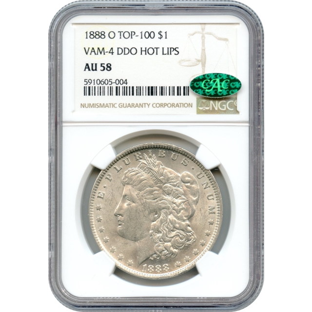 1888-O $1 Morgan Silver Dollar, HOT LIPS variety NGC AU58 (CAC)