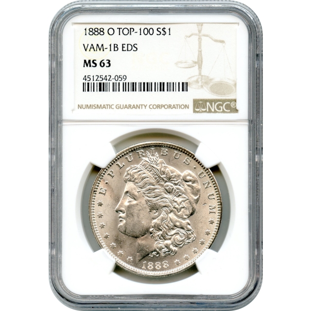 1888-O $1 Morgan Silver Dollar, Early Die State Scarface variety NGC MS63