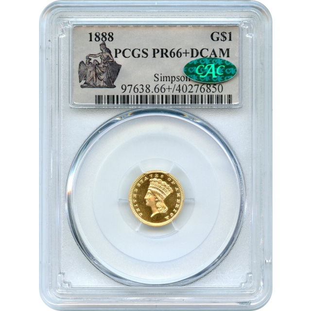 1888 G$1 Indian Princess Gold Dollar PCGS PR66+DCAM (CAC) Ex. Simpson - Condition Rarity!