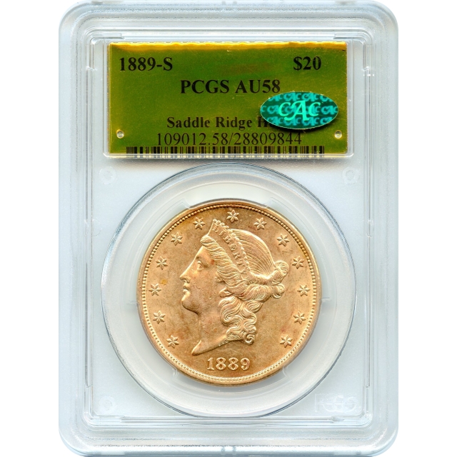 1889-S $20 Liberty Head Double Eagle PCGS AU58 (CAC) Ex. Saddle Ridge