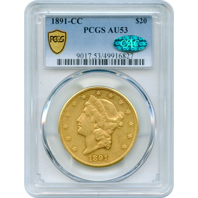1891-CC $20 Liberty Head Double Eagle PCGS AU53 (CAC)