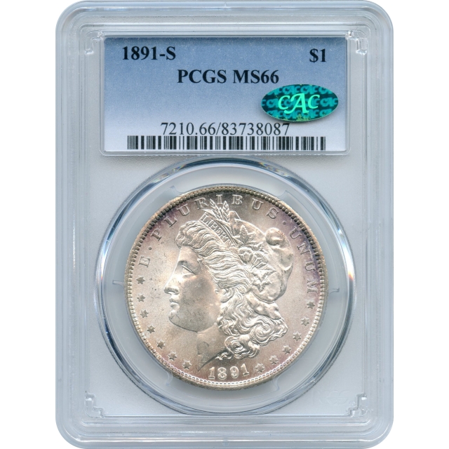 1891-S $1 Morgan Silver Dollar, PCGS MS66 (CAC) - Registry Set Candidate