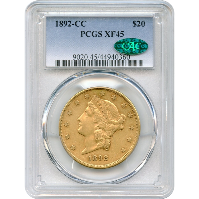 1892-CC $20 Liberty Head Double Eagle PCGS XF45 (CAC)