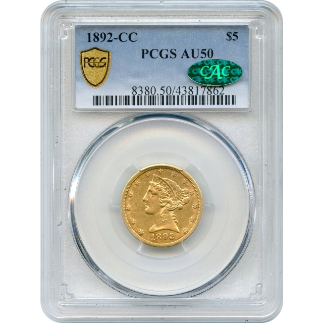 1892-CC $5 Liberty Head Half Eagle PCGS AU50 (CAC)