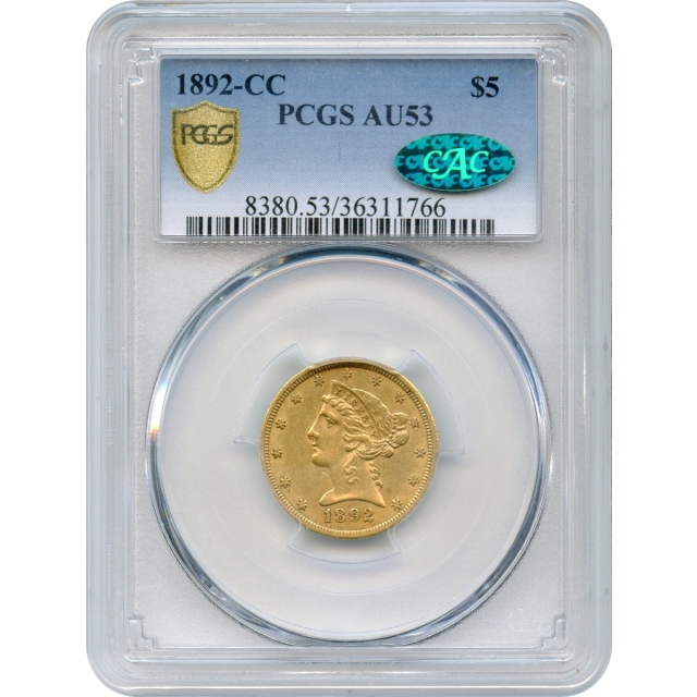 1892-CC $5 Liberty Head Half Eagle PCGS AU53 (CAC)