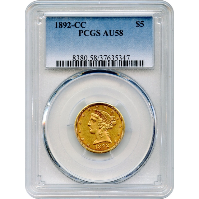 1892-CC $5 Liberty Head Half Eagle PCGS AU58