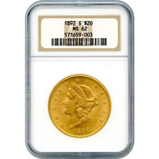 1892-S $20 Liberty Head Double Eagle NGC MS62